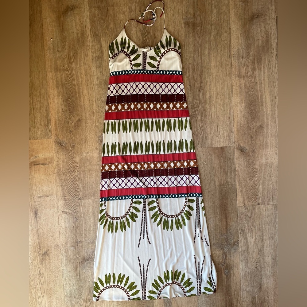 Mara Hoffman Halter Maxi Dress Small Boho Tribal Leaf Print Cream Multicolor Y2K